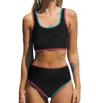 Women's Round Neck Vest Wide Shoulder Straps Mid Sleeves Spliced ikini Set