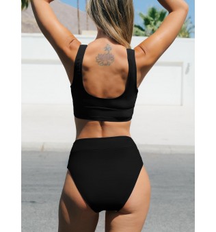 Women's Round Neck Vest Wide Shoulder Straps Mid Sleeves Spliced ikini Set