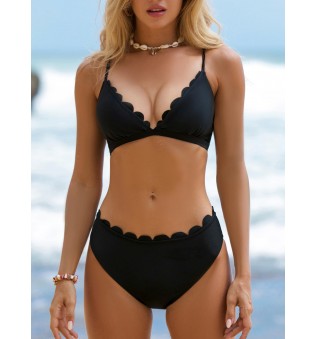 Women's Mid-Rise V-Neck Scalloped Spaghetti Strap Bikini Set