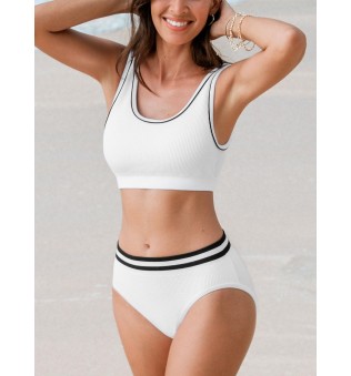 Women's Round Neck Colorblock Wide Shoulder Bikini Set