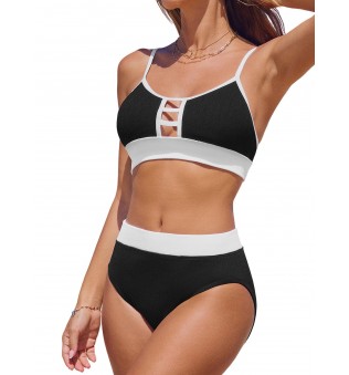Women's round neck hollow color block bikini set