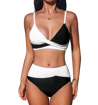 Women's Black and White V-Neck Spaghetti Strap Swimsuit