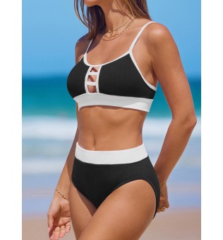 Women's round neck hollow color block bikini set