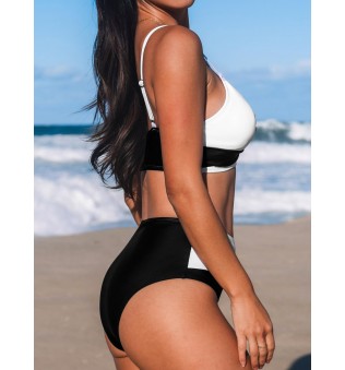 Women's Black and White V-Neck Spaghetti Strap Swimsuit