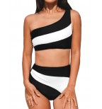 Women's High Waist One Shoulder Colorblock Bikini Set