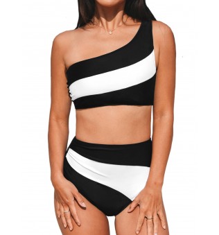 Women's High Waist One Shoulder Colorblock Bikini Set