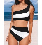 Women's High Waist One Shoulder Colorblock Bikini Set