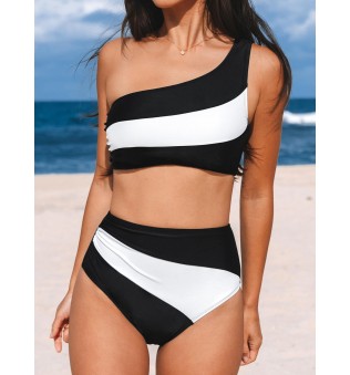 Women's High Waist One Shoulder Colorblock Bikini Set