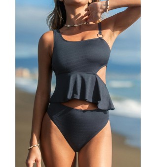 Women's Round Neck Ruffle Hem Top Asymmetric Bikini Set