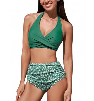 Women's High Waist V Neck Camisole Front Twist Bikini Set
