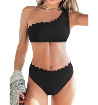 Women's solid color mid-waist fan-shaped wide shoulder bikini set