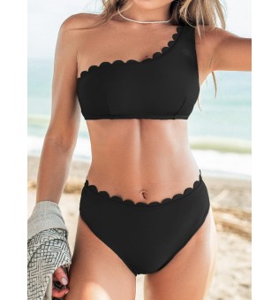 Women's solid color mid-waist fan-shaped wide shoulder bikini set
