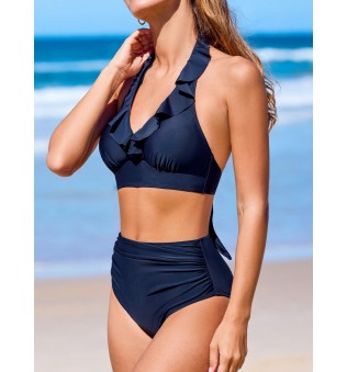 Women's High Waist Suspender V Neck Ruffle Swimsuit