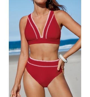Women's V-neck Cross Back Self-Tie Bikini Set